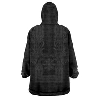 Philippines Barong Style Wearable Blanket Hoodie with Polynesian Art and Leaf Motif Black Color