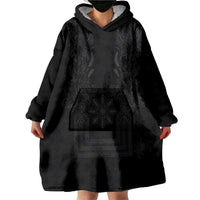 Philippines Barong Style Wearable Blanket Hoodie with Polynesian Art and Leaf Motif Black Color