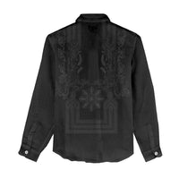 Philippines Barong Style Women Casual Shirt with Polynesian Art and Leaf Motif Black Color