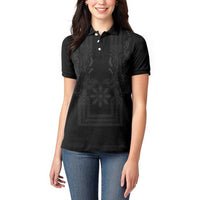 Philippines Barong Style Women Polo Shirt with Polynesian Art and Leaf Motif Black Color