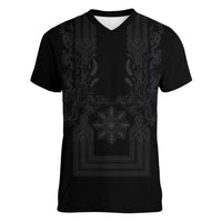 Philippines Barong Style Women V-Neck T-Shirt with Polynesian Art and Leaf Motif Black Color