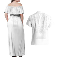Philippines Barong Style Couples Matching Off Shoulder Maxi Dress and Hawaiian Shirt with Polynesian Art and Leaf Motif White Color