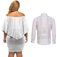 Philippines Barong Style Couples Matching Off Shoulder Short Dress and Long Sleeve Button Shirt with Polynesian Art and Leaf Motif White Color LT03 - Polynesian Pride
