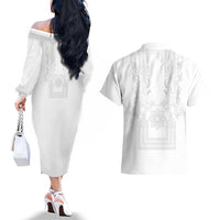 Philippines Barong Style Couples Matching Off The Shoulder Long Sleeve Dress and Hawaiian Shirt with Polynesian Art and Leaf Motif White Color