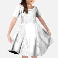 Philippines Barong Style Family Matching Mermaid Dress and Hawaiian Shirt with Polynesian Art and Leaf Motif White Color LT03 Daughter's Dress White - Polynesian Pride