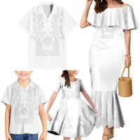 Philippines Barong Style Family Matching Mermaid Dress and Hawaiian Shirt with Polynesian Art and Leaf Motif White Color LT03 - Polynesian Pride