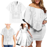 Philippines Barong Style Family Matching Off Shoulder Short Dress and Hawaiian Shirt with Polynesian Art and Leaf Motif White Color