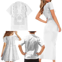 Philippines Barong Style Family Matching Short Sleeve Bodycon Dress and Hawaiian Shirt with Polynesian Art and Leaf Motif White Color