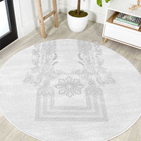 Philippines Barong Style Round Carpet with Polynesian Art and Leaf Motif White Color