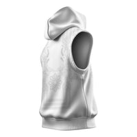 Philippines Barong Style Sleeveless Hoodie with Polynesian Art and Leaf Motif White Color