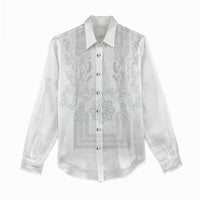 Philippines Barong Style Women Casual Shirt with Polynesian Art and Leaf Motif White Color