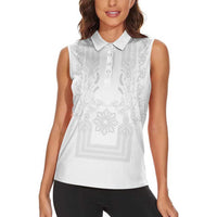 Philippines Barong Style Women Sleeveless Polo Shirt with Polynesian Art and Leaf Motif White Color LT03 - Polynesian Pride