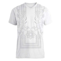 Philippines Barong Style Women V-Neck T-Shirt with Polynesian Art and Leaf Motif White Color
