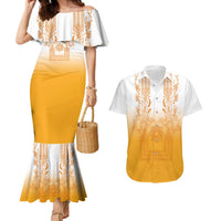 Philippines Barong Style Couples Matching Mermaid Dress and Hawaiian Shirt with Polynesian Art and Leaf Motif Yellow Color
