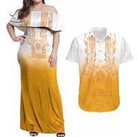 Philippines Barong Style Couples Matching Off Shoulder Maxi Dress and Hawaiian Shirt with Polynesian Art and Leaf Motif Yellow Color