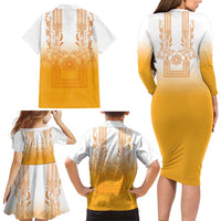 Philippines Barong Style Family Matching Long Sleeve Bodycon Dress and Hawaiian Shirt with Polynesian Art and Leaf Motif Yellow Color