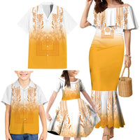 Philippines Barong Style Family Matching Mermaid Dress and Hawaiian Shirt with Polynesian Art and Leaf Motif Yellow Color LT03 - Polynesian Pride
