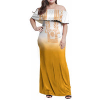 Philippines Barong Style Family Matching Off Shoulder Maxi Dress and Hawaiian Shirt with Polynesian Art and Leaf Motif Yellow Color