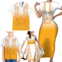Philippines Barong Style Family Matching Short Sleeve Bodycon Dress and Hawaiian Shirt with Polynesian Art and Leaf Motif Yellow Color