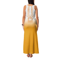 Philippines Barong Style Family Matching Tank Maxi Dress and Hawaiian Shirt with Polynesian Art and Leaf Motif Yellow Color