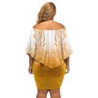 Philippines Barong Style Off Shoulder Short Dress with Polynesian Art and Leaf Motif Yellow Color LT03 - Polynesian Pride