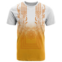 Philippines Barong Style T Shirt with Polynesian Art and Leaf Motif Yellow Color