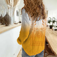 Philippines Barong Style Women Casual Shirt with Polynesian Art and Leaf Motif Yellow Color LT03 - Polynesian Pride