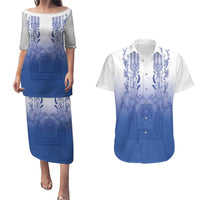 Philippines Barong Style Couples Matching Puletasi and Hawaiian Shirt with Polynesian Art and Leaf Motif Blue Color LT03 Blue - Polynesian Pride