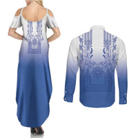 Philippines Barong Style Couples Matching Summer Maxi Dress and Long Sleeve Button Shirt with Polynesian Art and Leaf Motif Blue Color
