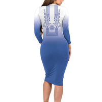 Philippines Barong Style Family Matching Long Sleeve Bodycon Dress and Hawaiian Shirt with Polynesian Art and Leaf Motif Blue Color
