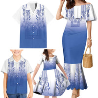 Philippines Barong Style Family Matching Mermaid Dress and Hawaiian Shirt with Polynesian Art and Leaf Motif Blue Color LT03 - Polynesian Pride