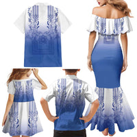 Philippines Barong Style Family Matching Mermaid Dress and Hawaiian Shirt with Polynesian Art and Leaf Motif Blue Color LT03 - Polynesian Pride