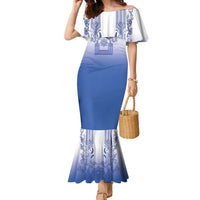 Philippines Barong Style Family Matching Mermaid Dress and Hawaiian Shirt with Polynesian Art and Leaf Motif Blue Color LT03 Mom's Dress Blue - Polynesian Pride