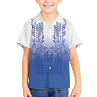 Philippines Barong Style Family Matching Mermaid Dress and Hawaiian Shirt with Polynesian Art and Leaf Motif Blue Color LT03 Son's Shirt Blue - Polynesian Pride