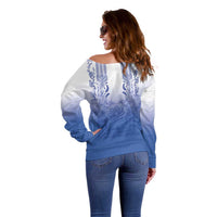 Philippines Barong Style Off Shoulder Sweater with Polynesian Art and Leaf Motif Blue Color