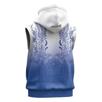 Philippines Barong Style Sleeveless Hoodie with Polynesian Art and Leaf Motif Blue Color