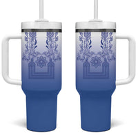 Philippines Barong Style Tumbler With Handle with Polynesian Art and Leaf Motif Blue Color