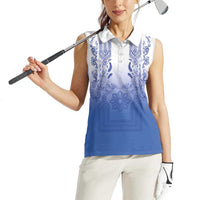 Philippines Barong Style Women Sleeveless Polo Shirt with Polynesian Art and Leaf Motif Blue Color LT03 - Polynesian Pride
