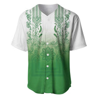 Philippines Barong Style Baseball Jersey with Polynesian Art and Leaf Motif Green Color