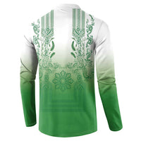 Philippines Barong Style Button Sweatshirt with Polynesian Art and Leaf Motif Green Color