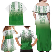 Philippines Barong Style Family Matching Off Shoulder Maxi Dress and Hawaiian Shirt with Polynesian Art and Leaf Motif Green Color