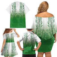 Philippines Barong Style Family Matching Off Shoulder Short Dress and Hawaiian Shirt with Polynesian Art and Leaf Motif Green Color