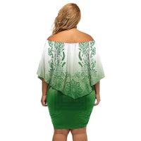 Philippines Barong Style Family Matching Off Shoulder Short Dress and Hawaiian Shirt with Polynesian Art and Leaf Motif Green Color