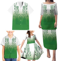 Philippines Barong Style Family Matching Puletasi and Hawaiian Shirt with Polynesian Art and Leaf Motif Green Color