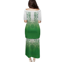 Philippines Barong Style Family Matching Puletasi and Hawaiian Shirt with Polynesian Art and Leaf Motif Green Color