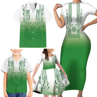Philippines Barong Style Family Matching Short Sleeve Bodycon Dress and Hawaiian Shirt with Polynesian Art and Leaf Motif Green Color