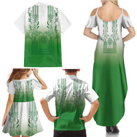 Philippines Barong Style Family Matching Summer Maxi Dress and Hawaiian Shirt with Polynesian Art and Leaf Motif Green Color LT03 - Polynesian Pride