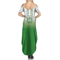 Philippines Barong Style Family Matching Summer Maxi Dress and Hawaiian Shirt with Polynesian Art and Leaf Motif Green Color LT03 - Polynesian Pride