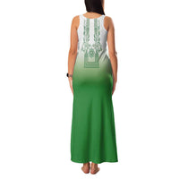 Philippines Barong Style Family Matching Tank Maxi Dress and Hawaiian Shirt with Polynesian Art and Leaf Motif Green Color