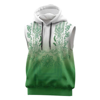 Philippines Barong Style Sleeveless Hoodie with Polynesian Art and Leaf Motif Green Color